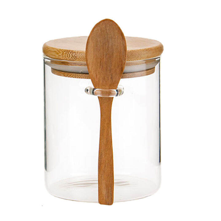 Glass Food Airtight Canister Castor Wooden Twist Lid Kitchen Candy