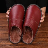 Qmaigie Winter Slippers for Men Leather Genuine Home Warm Plush Slipper Unisex house man slippers Indoor room Shoes slides women