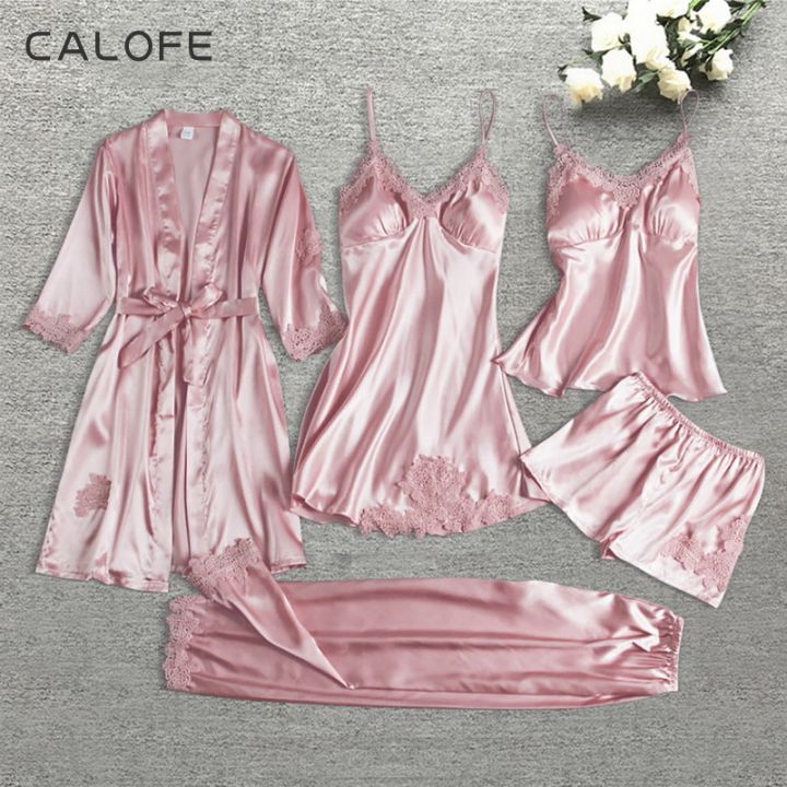 CALOFE 5Pcs/Set Women Sleepwear Female Pajamas Set Satin Sexy Lace ...