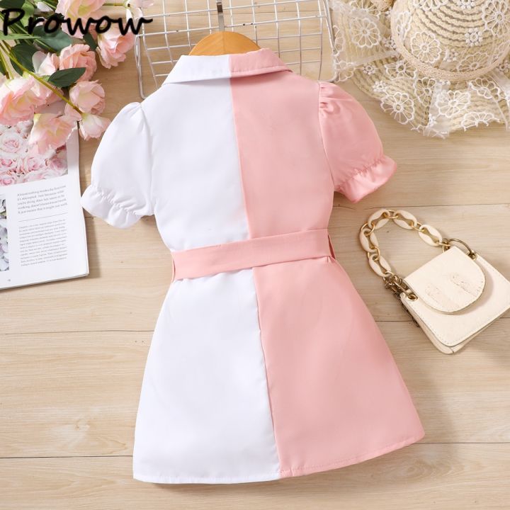 prowow-2-6y-childrens-dresses-girls-pink-white-patchwork-polo-shirt-dress-for-girls-blouses-with-belt-summer-kids-clothes-girls