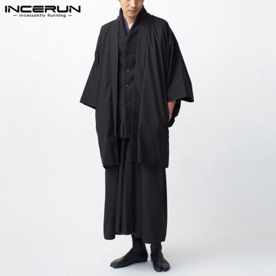 INCERUNเสื้อสูทกิโมโนสำหรับผู้ชาย,ชุดกิโมโนญี่ปุ่นเสื้อโค้ทและกางเกงทรงหลวมชุดเลานจ์