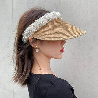 Fashion Handmade Pearl Lady Empty Top Kentucky Derby Wide Brim Sun Visor Straw Hat Woman Summer Sun Protection Beach Vacation