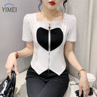 YIMEI เสื้อยืดผู้หญิงสวยๆเสื้อ2023แขนพองใหม่สำหรับฤดูร้อนเสื้อคาร์ดิแกนกางเกงสีคอนทราสท์มีซิปคู่