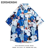 EERSHENSHI เสื้อฮาวายแขนสั้นสำหรับผู้ชาย เสื้อผ้าฝ้ายลำลองแขนลำลองขาสั้นพิมพ์ลายทรงหลวม