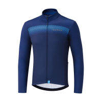 เสื้อปั่นจักรยานแขนยาว Shimano สีฟ้า3กระเป๋าหลังสวมใส่จักรยานซิปเต็ม