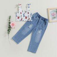 Children Baby Girls Outerwear Sleeveless Butterfly Print Tank Top Elastic Waist Ripped Jeans Pants Summer 2pcs Clothing Suit  by Hs2023