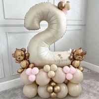 Teddy Bear Balloon Set Macaron Pink Blue Balloons Number Stack First Birthday Decorations Kids Party Decor Artificial Flowers  Plants