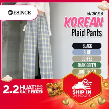 Green Plaid Women Pants, Loose Plaid Pants Korea