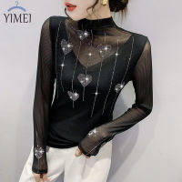 YIMEI เสื้อยืดผู้หญิงลายกวางโจวสวย,เสื้อยืดแฟชั่นสตรี2023ฤดูใบไม้ร่วงประดับเพชรขายดีเสื้อตาข่ายแขนยาวเข้ารูปคอสูง