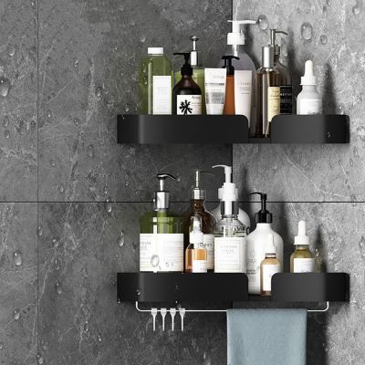 ۞ Black Corner Shower Caddy with Removable Hook Rust Proof Bath Shelf no Drill Storage Organizer Wall Mounted for Bathroom Kitchen