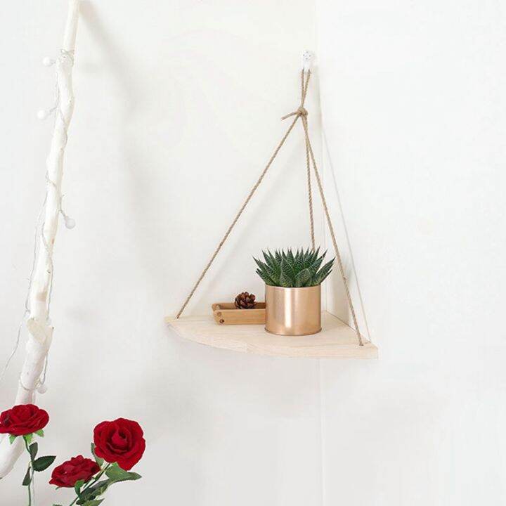 Wood Hanging Corner Shelves with Rope House Storage Organizer Corner