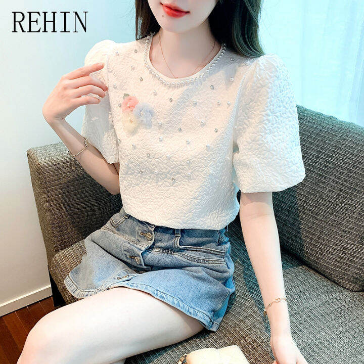 rehin-เสื้อแขนพองสีขาวสำหรับผู้หญิง-เสื้อเสื้อผู้หญิงแขนสั้นแขนพองสีขาวลายดอกไม้ลูกปัดแต่งเล็บเบาหรูหรามาใหม่ฤดูร้อน