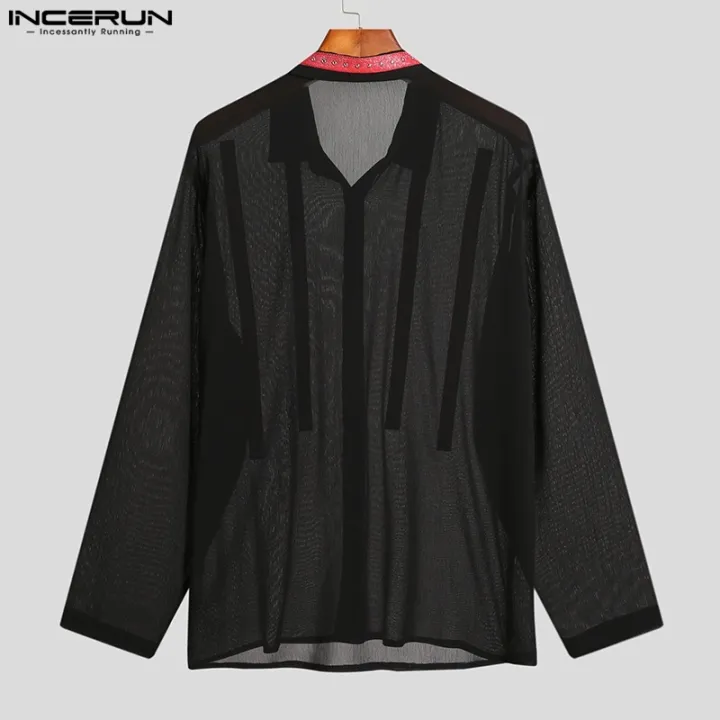 incerun-เสื้อเชิ้ตแขนยาวลําลอง-ผ้าตาข่ายซีทรู-คอปก-แฟชั่นสําหรับผู้ชาย