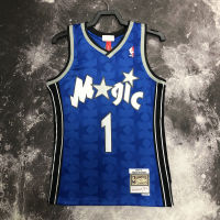 เสื้อกีฬาของแท้รัดรูปสุดฮอตสำหรับผู้ชาย Tracy McGrady ออร์แลนโดเมจิก2000-01เสื้อเจอร์ซีย์สีฟ้าเนื้อแข็ง