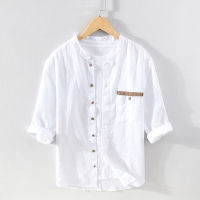 2021100 Linen Three Quarter Shirt for Men Summer New Solid Color Stand Collar Tops Male Casual Hemp Shirt Retro Clothes