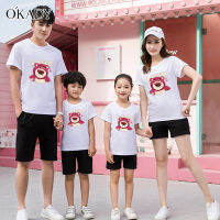 OKADY Parent-เสื้อผ้าเด็ก,ครอบครัวสามคนหรือสี่,แม่และลูกสาว,สตรอเบอร์รี่หมี,เสื้อยืดผ้าฝ้าย,เสื้อครอบครัวแขนสั้นระดับไฮเอนด์,ครึ่งแขน