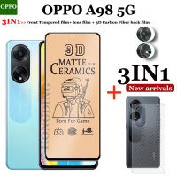 3 In 1สำหรับ OPPO A98 5G ฟิล์มป้องกันกระจกเทมเปอร์ด้านชนิดเคลือบเพื่อความอ่อนโยนคลุมทั้งหมด + ฟิล์มเลนส์กล้องถ่ายรูป + ฟิล์มหลังคาร์บอนไฟเบอร์