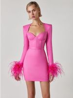 【YF】 Women Winter Sexy Long Sleeve Feathers Hot Pink Black Mini Bodycon Bandage Dress 2022 Elegant Evening Party