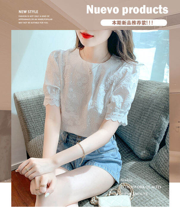 ammin-2023-summer-new-round-neck-short-sleeve-chiffon-shirt-womens-korean-style-embroidered-three-dimensional-flowers-sweet-puff-sleeves-white-elegant-blouse-female-ins-tops