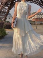 【YF】 Elegant Sleeveless Dress for Women 2023 New Fashion O Neck Solid Pleated Dresses French Style Loose Midi Summer