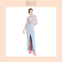 [MILIN] Ruched under bust detail sleeveless v neck long dress เดรสยาวแขนยาวคอวี ดีเทลแต่งรูดใต้อกดีเทลแต่งลูกไม้โปร่ง และเส้นกุ๊น / Diadasia Dress