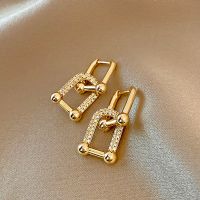 Vintage Charm 14K Real Gold Plated Square Geometric Crystal Drop Earrings for Women AAA Zirconia S925 Silver Needle Jewelry Gift