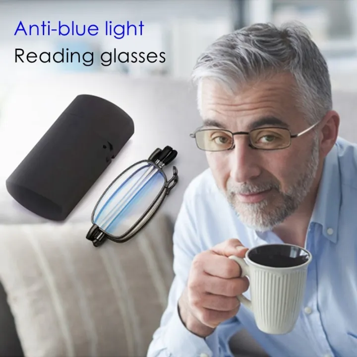 พับเก็บได้พับแว่นตาอ่านหนังสือชาย AntiBlue Light กรอบโลหะพับผู้อ่านสายตายาวแว่นตาไฟแช็ก + 1.5