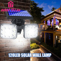 450lm Lampu Tenaga Surya Led 6000-7000K ไฟถนนโคมไฟในสวนแบบหมุนได้หัวคู่เซ็นเซอร์ร่างกายอินฟราเรด