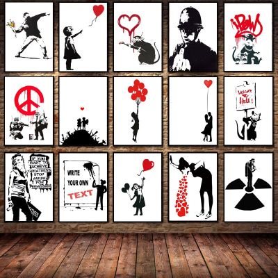 Banksy Pop Art บทคัดย่อตัวอักษรภาพวาดผ้าใบ-สาวและบอลลูนสีแดงโปสเตอร์พิมพ์ผนัง-เหมาะสำหรับห้องนั่งเล่น Wall Decor-ยอดนิยม Cuadros