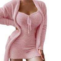 Two Pieces Set Women Pajamas Set Solid Color Low Cut Sleeveless Thermal Slim Long Robe Drawstring Lounge Nightie Dress Set