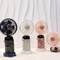 New USB Handheld Fan Mini Rhinestones Portable Folding LED Digital Display Electric Fan With Base For Halter Neck Student Women