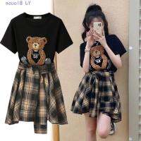 COD DSFGERTGYERE Plus Size Suit Female Summer Fashion Bear Short-Sleev T-shirt Plaid Short Skirt Two-piece Suit