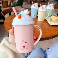 Cute Cartoon Rabbit Iced Mug With Straw Cups Creative Ceramic Coffee Mug With Silicone lid Children Student Breakfast Water Cup Cups