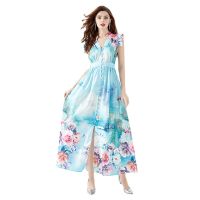 Women Dress New Fashion Retro Palace  Spring and Summer  V-neck Small Flying Sleeve Long Printed Dress