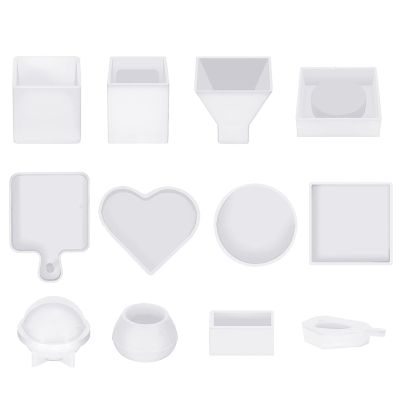 Resin Molds Silicone Kit 12PCS White Epoxy Resin Molds Including Pen Container, Tray, Love, Round