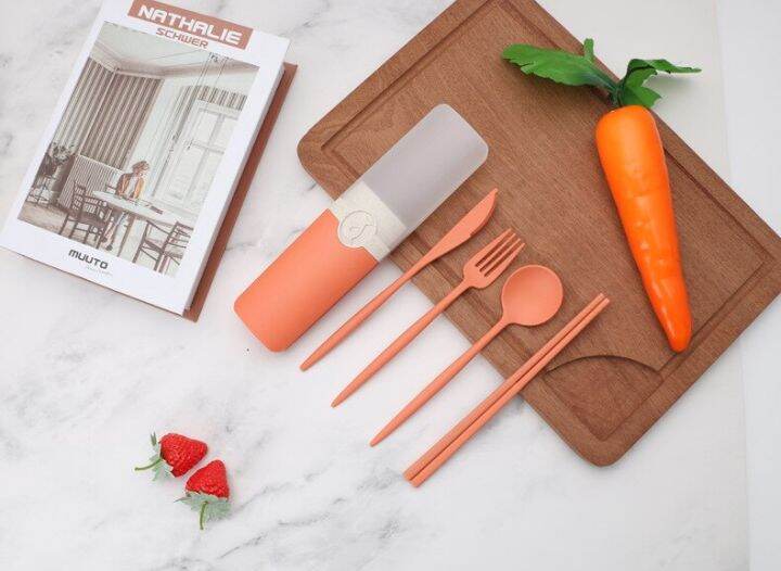 4pcs-cutlery-set-portable-tableware-reusable-spoon-knife-chopsticks-fork-travel-picnic-with-carrying-box-for-student-office-flatware-sets