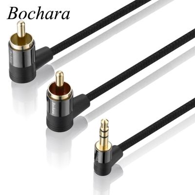 Bochara 30Cm Jalinan Kain 90 Derajat 3.5Mm Jack Ke 2RCA Kabel Audio OFC Emas Disepuh untuk Speaker Amplifier Mixer