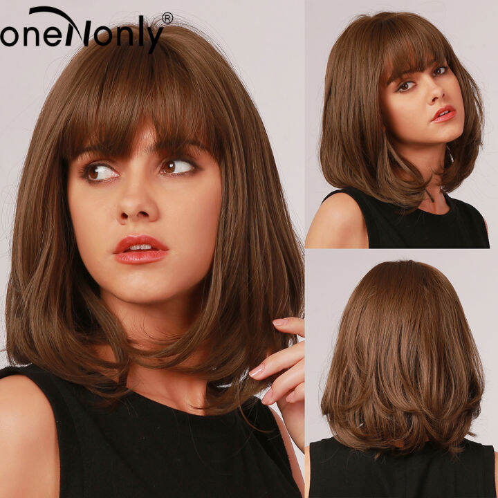 onenonly-short-bobo-ombre-brown-synthetic-wigs-with-bangs-layered-hairstyle-for-white-black-women-natural-hair-heat-resistant