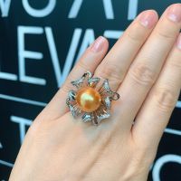 2022 New Arrival 925 Sterling Silver 14MM Big Pearl High Quality Cubic Zircon Adjustable Ring For Women Party Fine Jewelry Gift