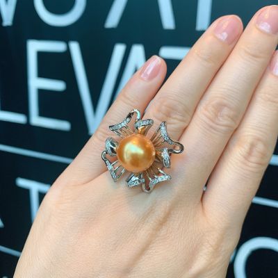 2022 New Arrival 925 Sterling Silver 14MM Big Pearl High Quality Cubic Zircon Adjustable Ring For Women Party Fine Jewelry Gift