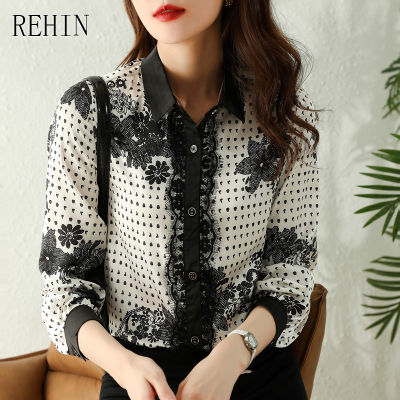 REHIN ผู้หญิงฤดูใบไม้ร่วงหรูหราผ้าไหมแขนยาวเสื้อใหม่เกาหลีรุ่น Ins แฟชั่น Lapel เสื้อชีฟอง