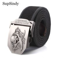 Suppindy เข็มขัดผ้าใบผู้ชายสีดำ,กระโหลกศรีษะโจรสลัดหัวเข็มขัดโลหะเข็มขัดทหารเข็มขัดกางเกงยีนส์แฟชั่นของผู้ชาย