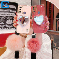 เคลือบ6D สุดหรูเคสสำหรับ VIVO รักโทรศัพท์ Y12 Y17 Y19 Y50 Y85 Y30 Y70S Y20 Y91 Y93 Y21S Y75 Y5S Y76 Y71 Y21 Y72ที่มีกระจกรูปหัวใจที่ยึดรูปร่าง + ลูกบอลขนปุยเชือกมือ