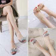 CXL Xăng đan đế bằng cho nữ phong cách Bohemian đi biển họa tiết pha lê