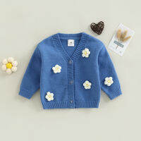 【Forever CY Baby】Toddler Girl เสื้อสเวตเตอร์ถัก,3D ดอกไม้ตกแต่งคอวีแขนยาวปุ่มปิดเสื้อสำหรับฤดูใบไม้ผลิฤดูใบไม้ร่วง