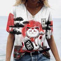 V-neck T-shirts Women Funny Clothes Summer Short Beckoning Cat Graphics Cute 3d Animal Print T-shirt Casual Large Size Tops 5xl
