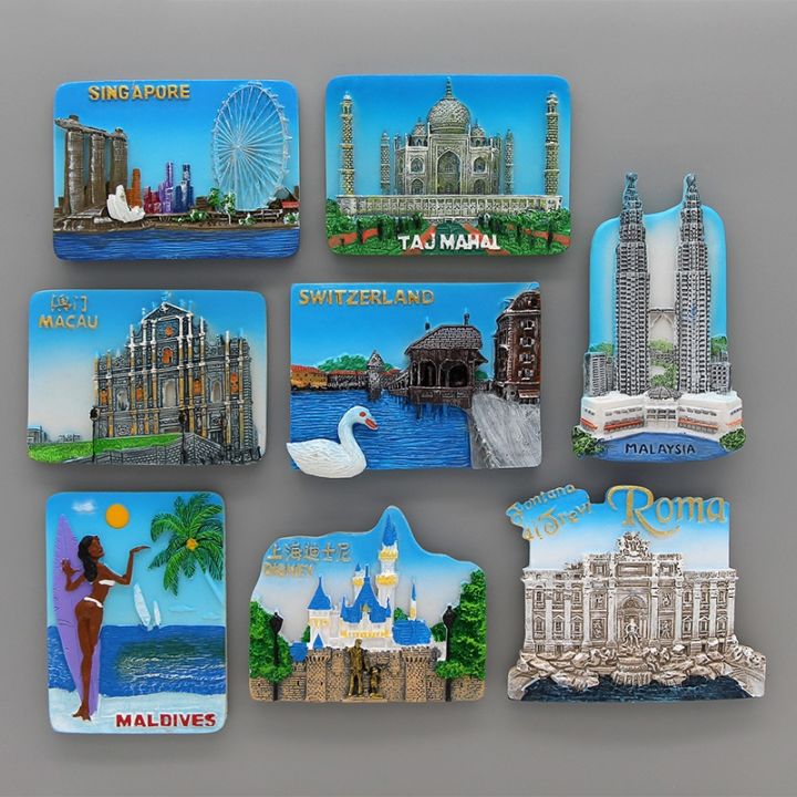 macao-malaysia-maldives-roma-china-shanghai-disneyland-singapore-switzerland-taj-mahal-india-3d-fridge-magnets-home-decoration