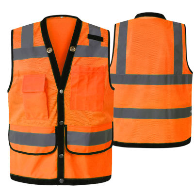 Hi Vis Safety Vest สะท้อนแสง Surveryor Orange Mesh Safety Vest Jacket ทัศนวิสัยสูงใส่ทำงาน