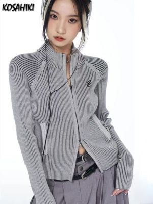KOSAHIKI Vintage Zipper Cardigan Women Embroidery Y2k Aesthetic Grunge Sweater Jackets Female Harajuku Slim Knitted Coats Femme
