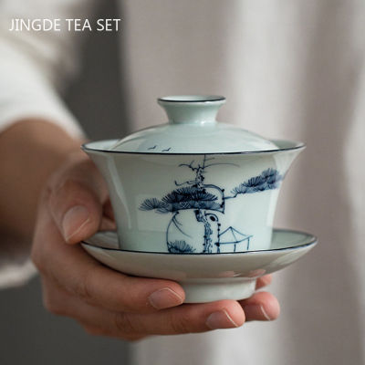 J Ingdezhen เซรามิกโบราณ Gaiwan ถ้วยน้ำชาแฮนด์เมดสีฟ้าและสีขาวชาหม้ออบบ้าน T Eaware Drinkware เดินทางส่วนบุคคลถ้วย150มิลลิลิตร
